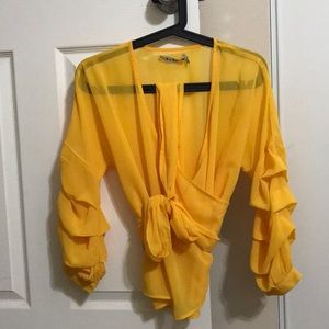 Yellow, sheer ruffled blouse top from Europe!